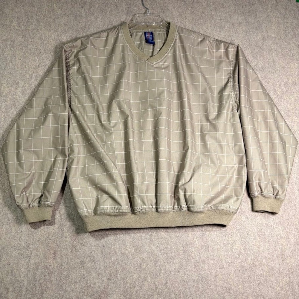 Jantzen Golf Windshirt Mens Large Tan Poly V-Neck Windowpane Pullover Classic